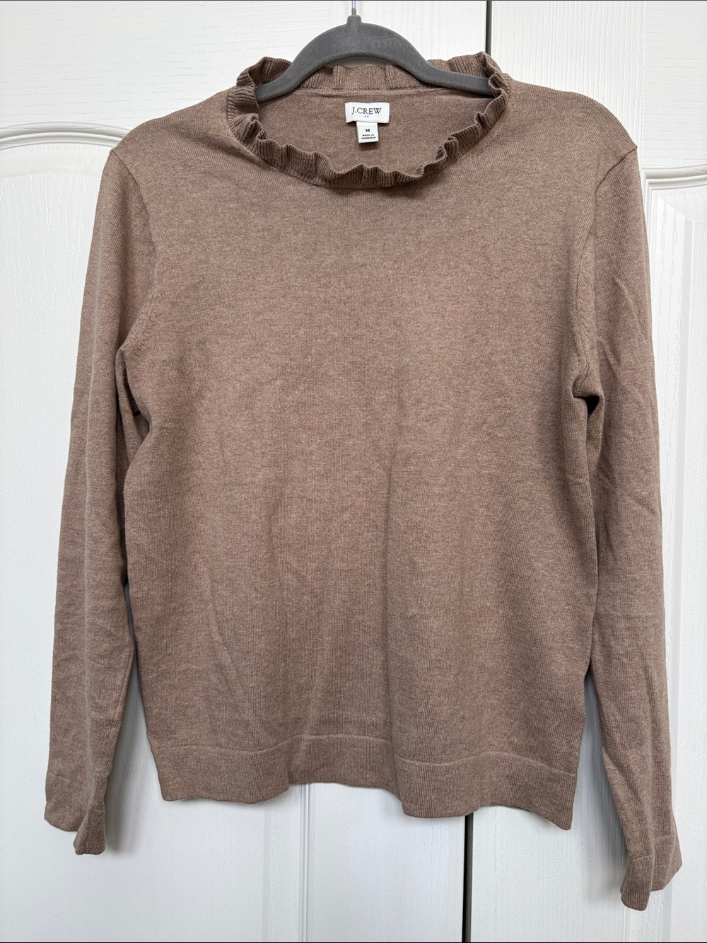 J. Crew Ruffle-Neck Long Sleeve Sweater in Taupe